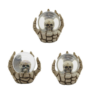 3-PC Set Skeleton Hand Holding Skull Snow Globe 3.75"W