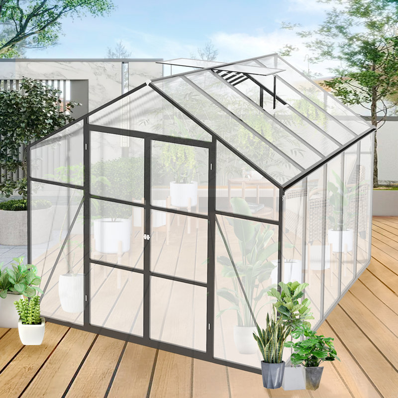 Base surélevée en polycarbonate à effet de serre et serres en aluminium robuste, H 93,31 po x l 121,26 po x P 97,24 po