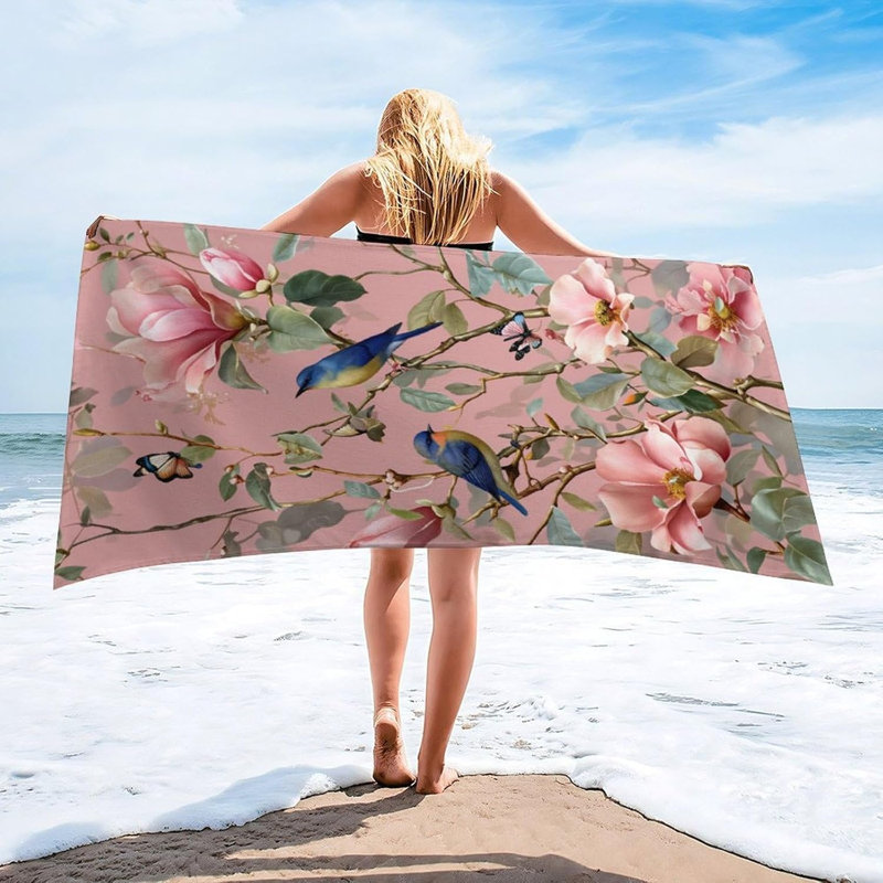 Pink Magnolia Flower Quick Dry Microfiber Beach Towel | 60"x50" Sand Free Bath Towel | Highly Absorbent Soft Towels for Pool, Travel, Swim, Sports
