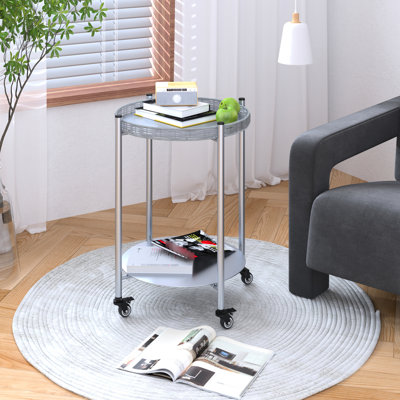 Table basse ronde à roulettes, 2 niveaux, plateau en métal argenté, idéale pour le salon, la chambre et le corridor, finition rouille, glisse en douceur sur les sols durs, grise, parfaite comme table de chevet ou table d'appoint, se déplace facilement sur différents types de sols.