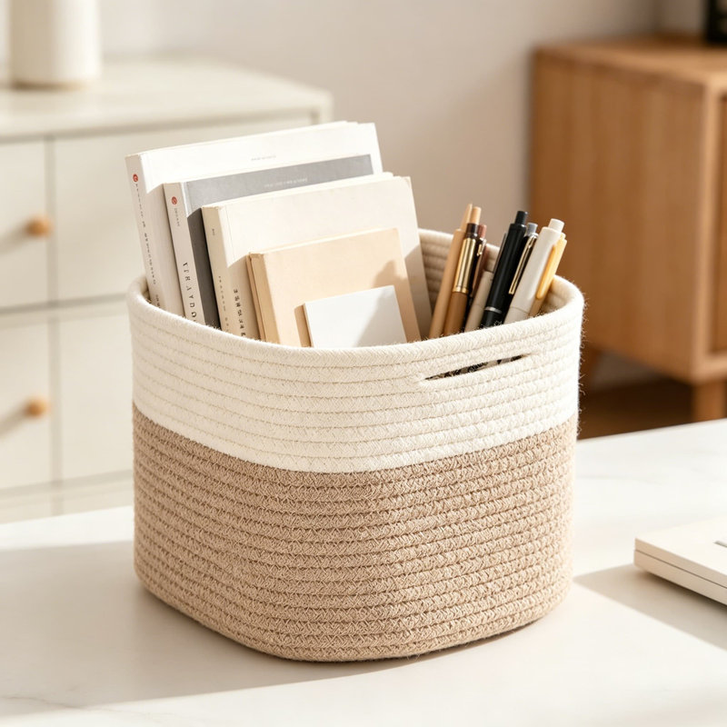 Woven Cotton Rope Storage Basket, Foldable Organizer Bin For Home, Nursery, And Office, Multi-Purpose Decorative Storage Solution With Handles