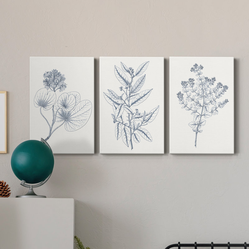 Indigo Botany Study IV - Ensemble de 3 toiles tendues, H 60 po x l 120 po x P 3 po