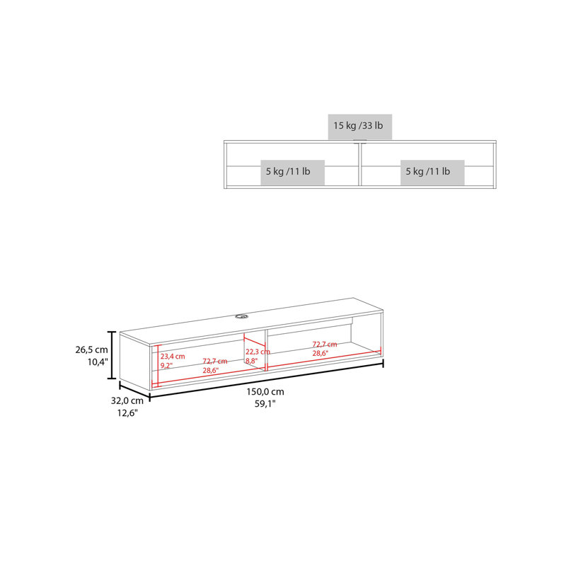 Support média flottant en mélamine Wengue avec 2 tablettes