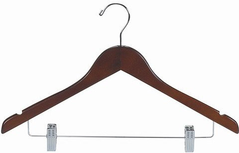 Cintre de costume plat en bois avec pince pour costume / manteau, Noyer / Chrome