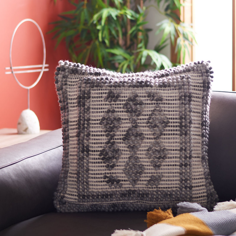 Darvey Embroidered Wool Blend Throw Pillow, Gray