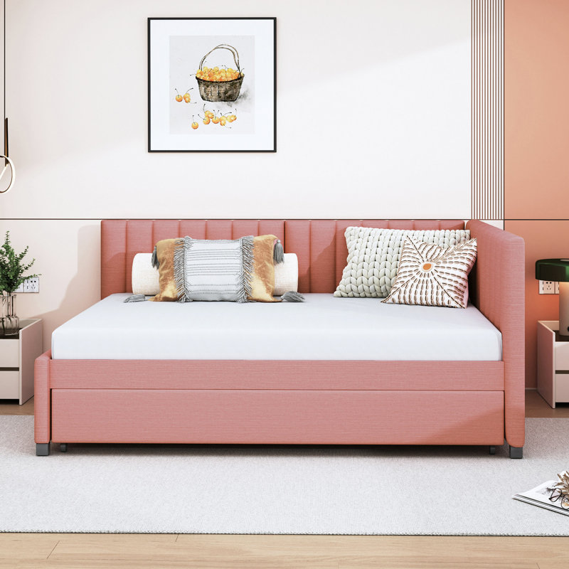 Upholstered Daybed With Trundle Sofa Bed Frame No Box Spring Needed, Linen Fabric, Pink