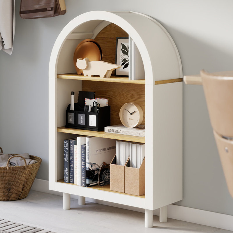 White Small Bookcase For Small Spaces,Modern Arched Bookcase,Wood Bookshelf Arched With 3 Shelves,Open Shelf Cabinet