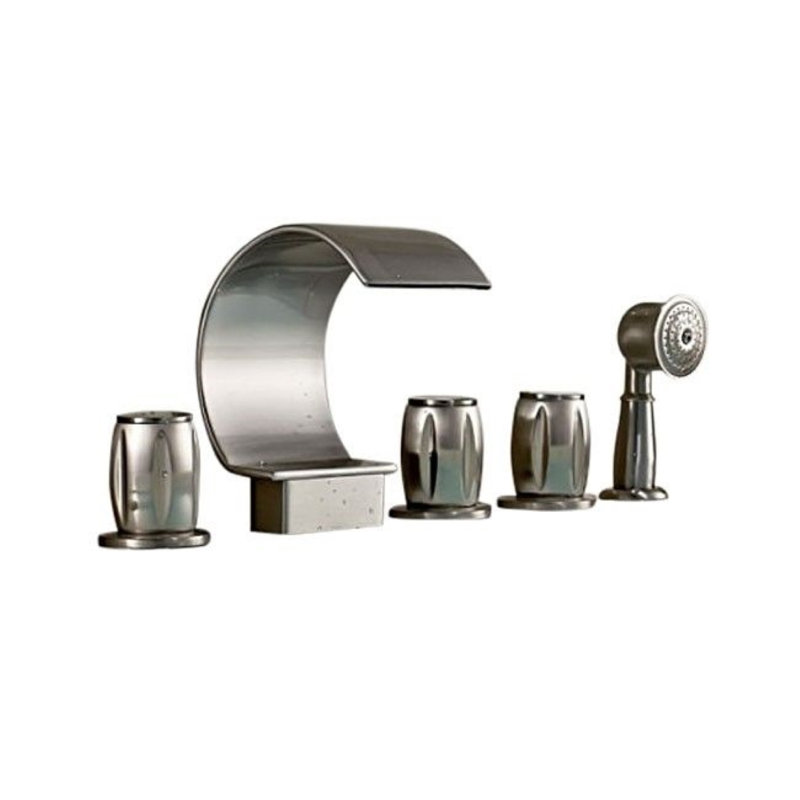 Triple Handle Deck-Mount Waterfall Bathtub Faucet with Handheld Shower – Brushed Nickel Finish
