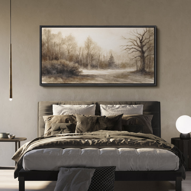 Neutral Toned Forest Landscape Artwork Extra Large Pictures Framed Canvas Print Wall Art, Black, 30" H x 60" W