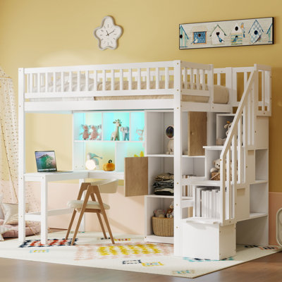 Twin Size Loft Bed With Built-In Desk And Storage Staircase