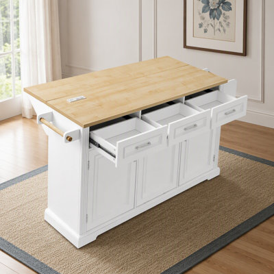 Large Kitchen Island with Trash Can Storage, Embossed Texture, 4 Wheels, 2 Doors, 3 Drawers, Drop Leaf, and Power Outlet