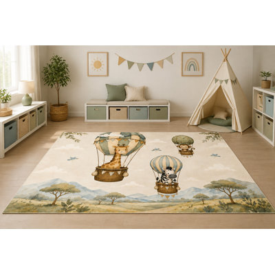 Tapis « Ultra Fin » 152 x 213 cm (5' x 7') à motif de montgolfières safari, idéal pour chambre d'enfant, chambre à coucher, salon et bureau à domicile. Tapis doux à poils courts avec envers antidérapant en silicone.