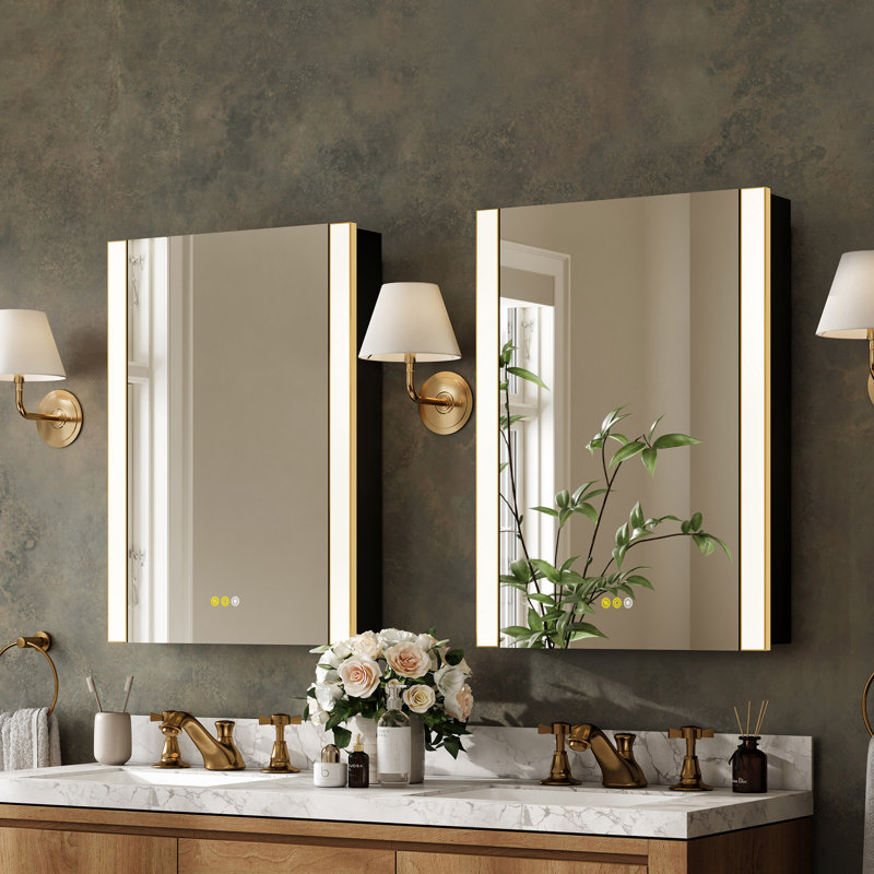 Modern LED Medicine Cabinet with Mirror, Anti-Fog, Outlets & Adjustable Shelves, 36" H x 24" W x 5" D, Gold