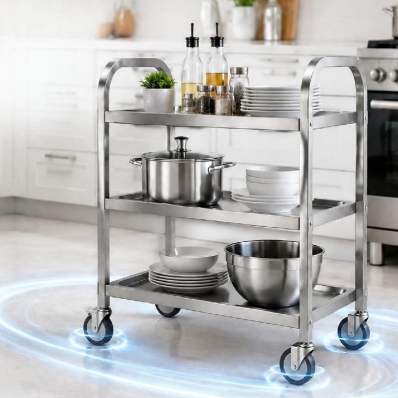 3 Tier 95 x 50 x 95cm Large Rolling Catering Storage Cart ,Serving Utility Trolley with Locking Wheels Silver