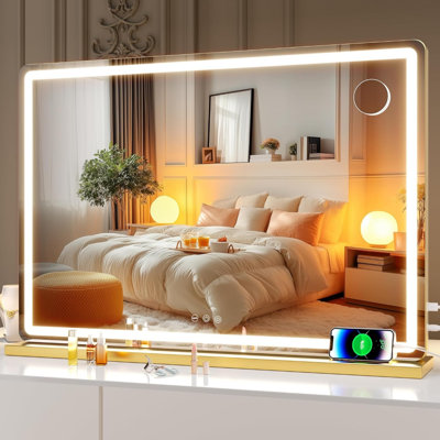 31.5" X 22" LED Lighted Makeup Vanity Mirror With Dimmable 3 Color Modes, Touch Screen Control, Wall Mounted Or Tabletop, Round Gold