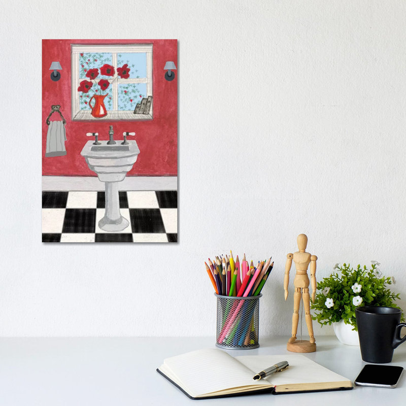 Red Bathroom II by Martin James - Wrapped Canvas Print, 20.32 cm H x 30.48 cm W