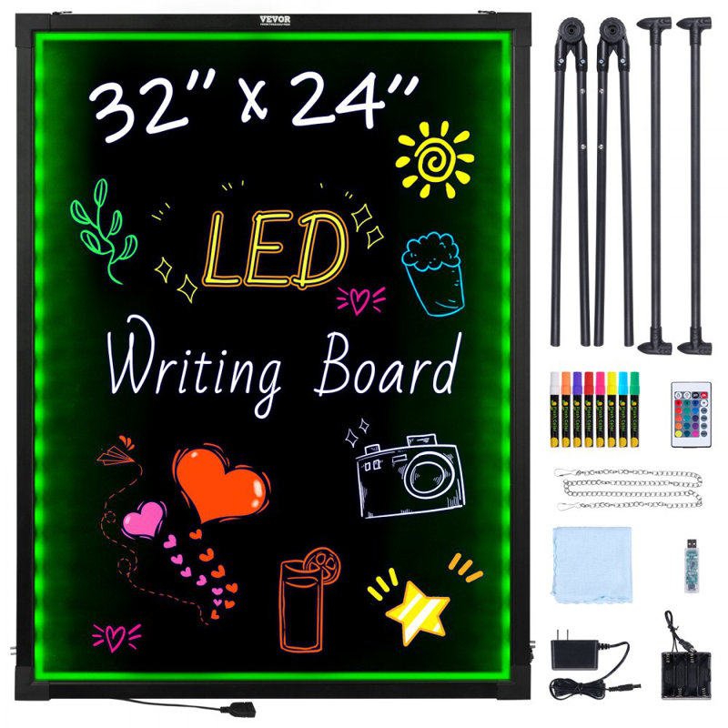 LED Message Writing Board, 32"x24" Illuminated Erasable Lighted Chalkboard, Neon Effect Menu Sign Board, Drawing Board with 8 Fluorescent Chalk Markers and Remote Contro Tested toStandards