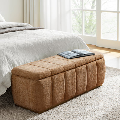 Banc de rangement recouvert de tissu d'ameublement en chenille avec base en bois massif Vanesa