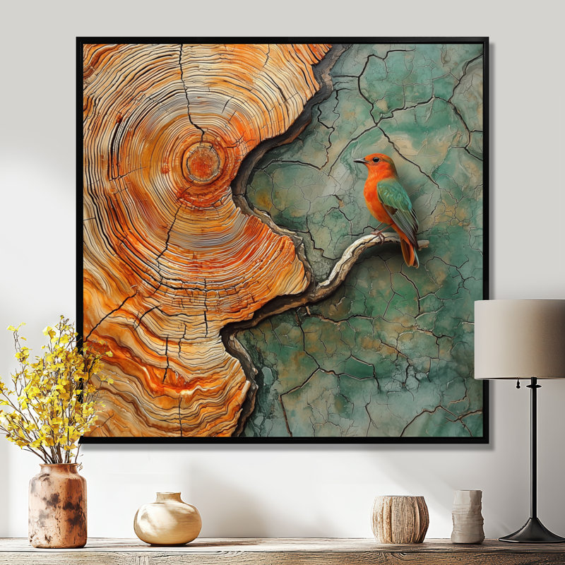 Pic avec harmonie de glissade sur bois - Art mural oiseau pic, H 16 po x l 16 po, Impression encadrée flottante