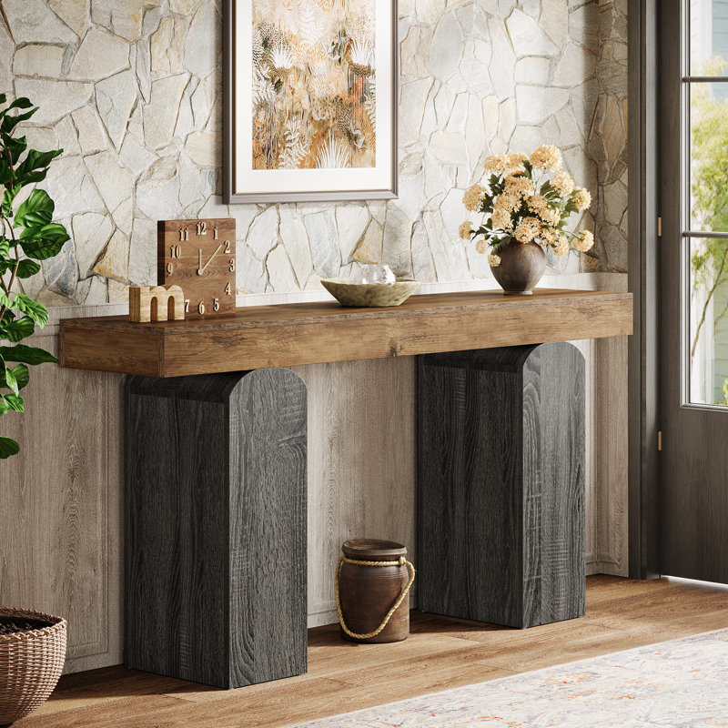 63" Long Entryway Table, Farmhouse Console Table, Brown/Dark Gray