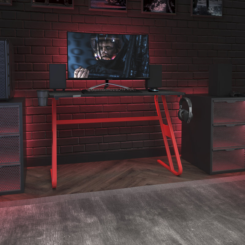 Gaming Ergonomic Desk with Cup Holder and Headphone Hook