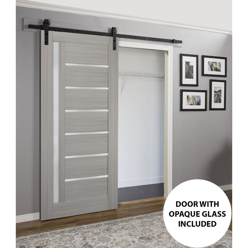 Grey Ash Pine Barn Door with Frosted Glass Panels, 32 x 84 Inches