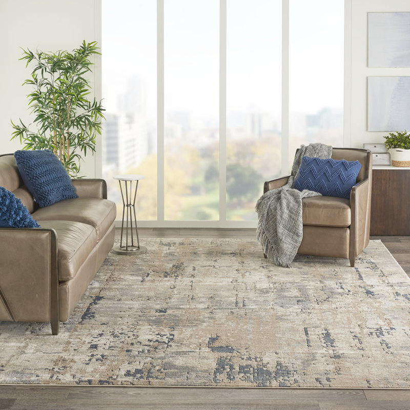 Tapis beige / gris en polyester / polypropylène tissé à la machine Addie, Rectangle 7 pi 10 po x 9 pi 10 po, Beige/gris