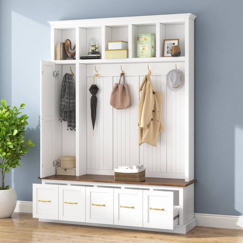 59.1 " Wide Hall Tree with Drawers and Cabinet, White/Walnut