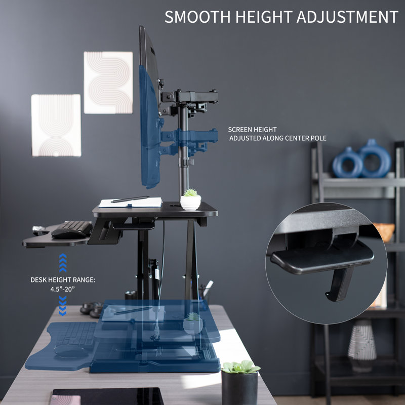 Black Adjustable Standing Desk Converter with Dual Monitor Mount