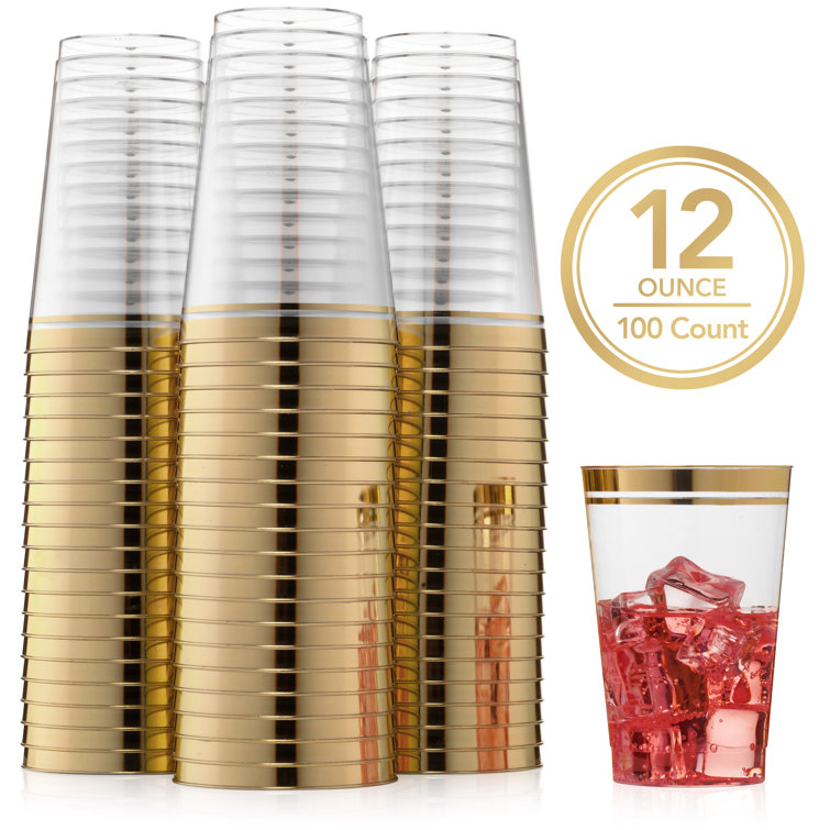 Munfix 100 Glitter Plastic Cups 12 oz Clear Plastic Cups Tumblers Gold Glitter Cups Disposable Wedding Cups Elegant Party Cups Recyclable and BPA-Free