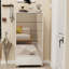 Armoire à chaussures fonctionnelle à miroir avec six tiroirs rabattables, un range-chaussures pour rangement, quatre pieds en métal et une porte rabattable à la main