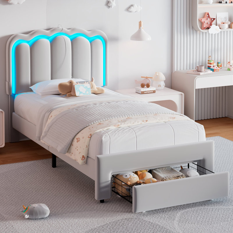 Structure de lit tapissier avec tiroir et tête de lit réglable Daphne, lits pour enfants, Lit simple, gris