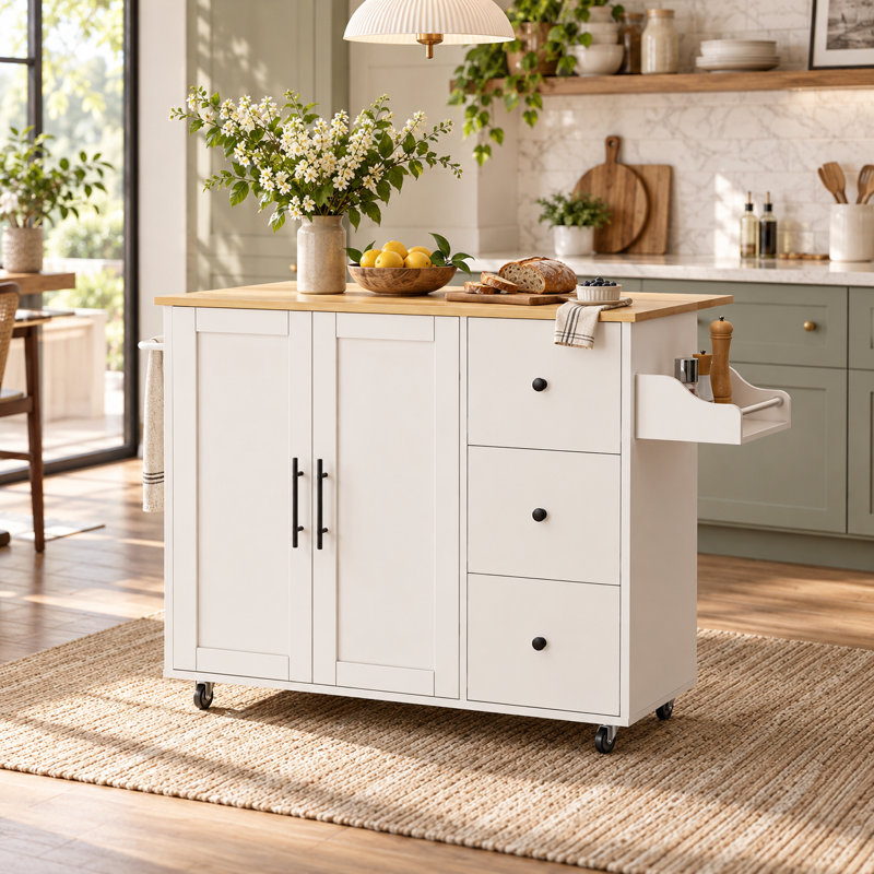 Îlot de cuisine à roulettes de 102 cm avec abattant, rangement, porte-épices et barre à serviettes, table d'îlot extensible