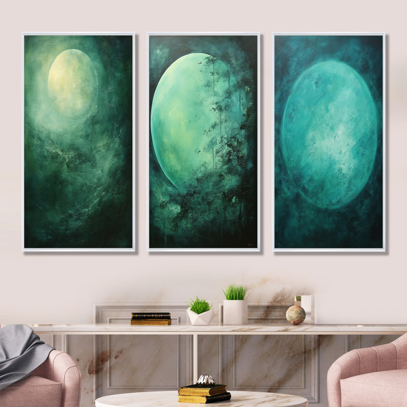 Jade Jewel Spooky Mooonlight Fog - Moon, impression d'art mural, ensemble de 4, Cadre flottant blanc, H 28 po x l 36 po