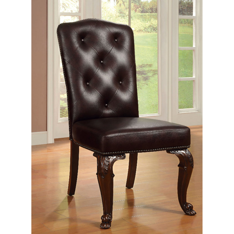 2 Traditional Chairs, Brown Cherry Solid Wood, Dark Back And Seat Padded Seat, Luxury Style