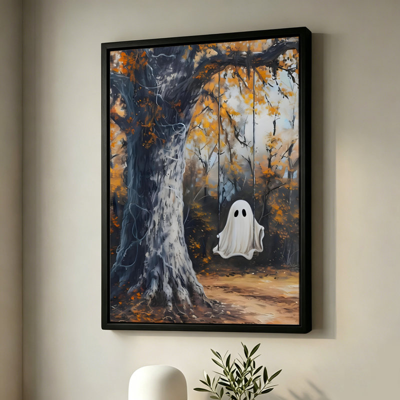 Fantôme d'Halloween sur une balançoire dans une forêt d'automne, tableau sur toile encadré, cadre noir, 40 x 60 cm, 16x24