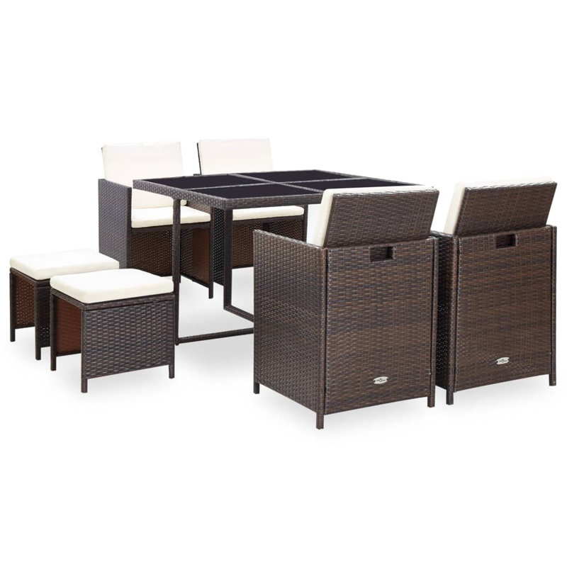 Buttram vidaXL Patio Dining Set with Cushions Outdoor Table and Chairs Poly Rattan, White Cushion/Brown Frame