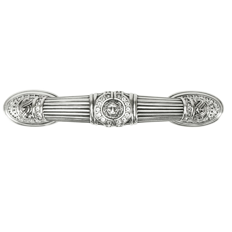 3" C TO C EMPIRE PULL W/ HORIZONTAL LION MOTIF; CLEAR CRYSTAL; BURNISH SILVER FINISH
