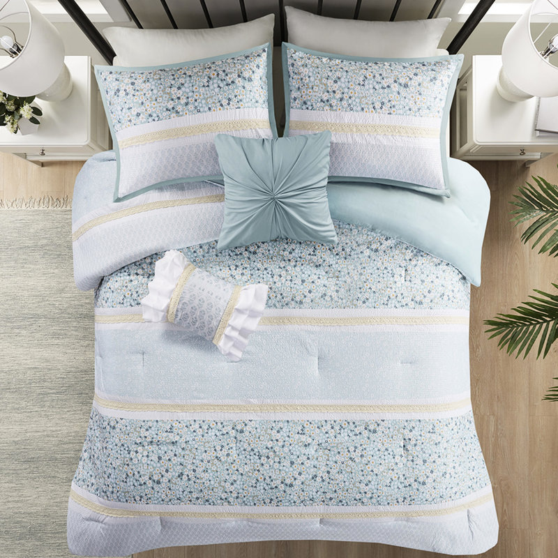 Édredon très grand / très grand avec coussins décoratifs - Motif chic et bleu à motif floral en seersucker 5 pièces pour un rembourrage floral / botanique