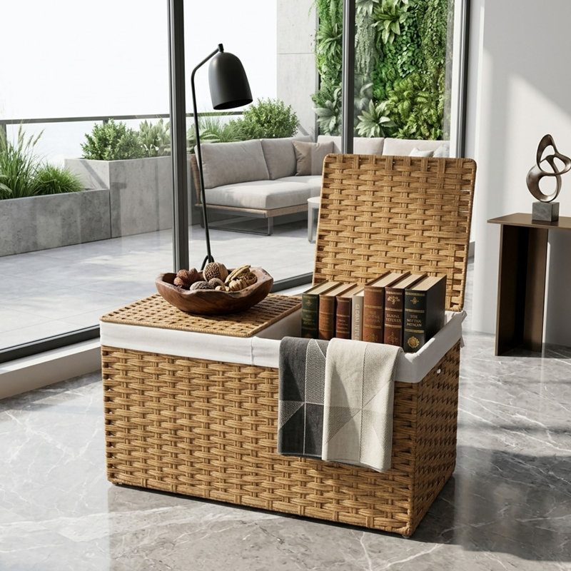 Rattan Storage Basket, Lid, and Removable Liners