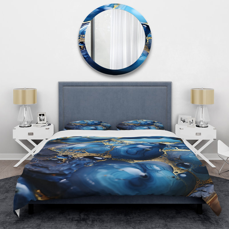 Ensemble de housse de couette abstrait doré et saphir bleu marbré I, Housse de couette pour lit simple