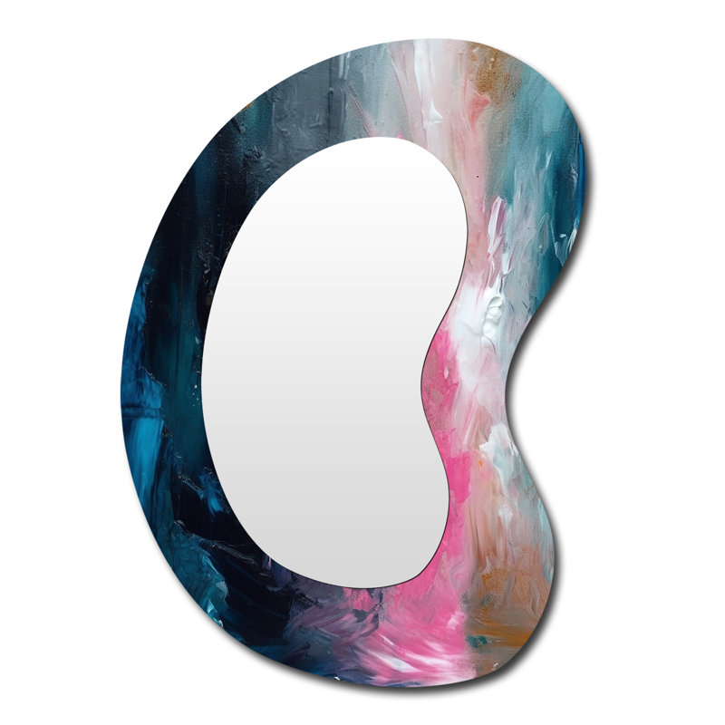 Oasis en bleu et rose II - Grand miroir mural moderne asymétrique abstrait, 39 po x 28 po