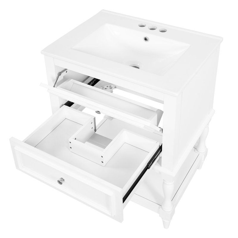 Meuble-lavabo de 61 cm avec lavabo en céramique, rangement moderne et luxueux, tablette ouverte et 2 tiroirs, - Meuble-lavabo avec débordement, style palais rétro, rangement pratique