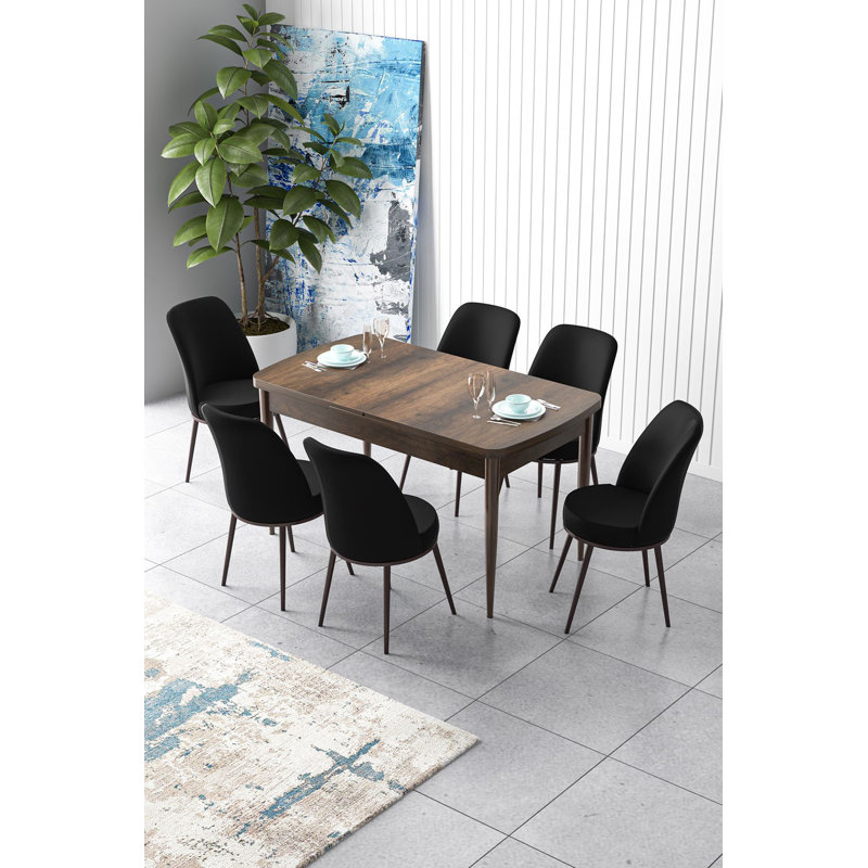 Ensemble de table et chaises de salle à manger moderne extensible (7 pièces), baroque et noir, 51,9 po x 30,7 po x 31,5 po | 100% panneau de fibres à densité moyenne avec pieds en métal et tissu Jerry | Siège confortable en mousse, parfait pour les espaces de salle à manger élégants