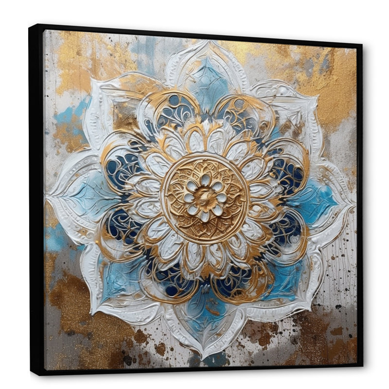 «Blue and Gold Mandala I» sur toile, H 30 po x l 30 po x P 1 po, Cadre flottant noir