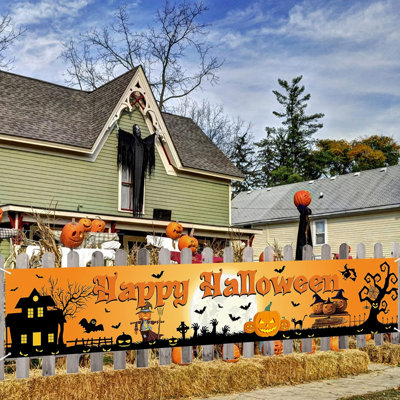 Bannière d'Halloween en plein air, panneau de décorations d'Halloween pour grand tissu, longue toile de fond citrouille d'Halloween à l'arrière-plan pour la clôture murale du garage, du jardin, du porche, du balcon, 210 x 40 cm