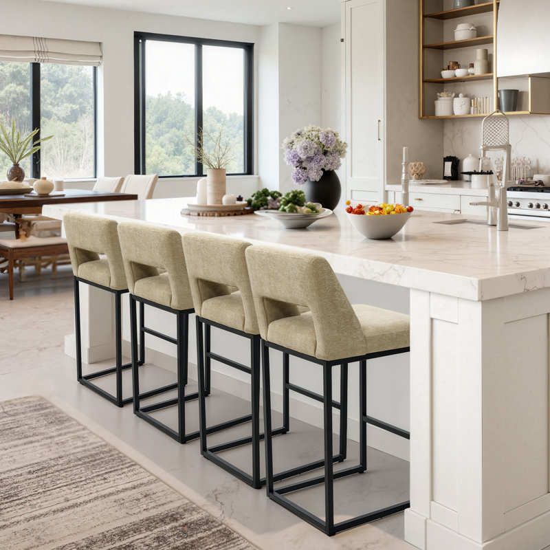 26" Upholstered Counter Barstool With Low Back And Metal Frame Modern Kitchen Island Seating, Khaki Seat / Black Frame, 4