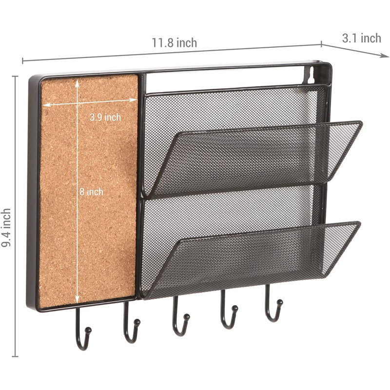 Wall Mail Organiser with Wall Baskets, Key Hooks and Cork Board