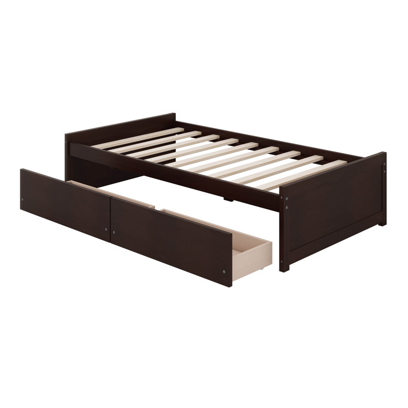 Twin Bed Frame With 2 Storage Drawers, Twin Platform Bed Frame Corner Bed With No Headboard, Espresso