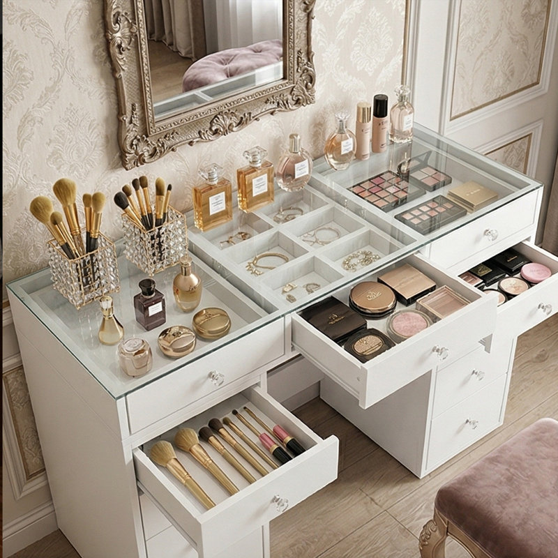 Aurelia 13-Drawer Double Pedestal Vanity with Glass Top and Knobs